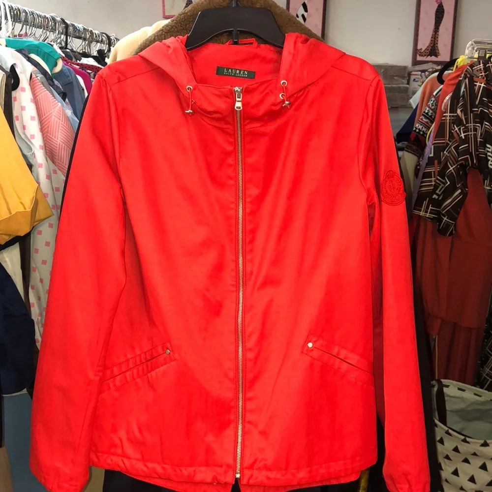 *Lauren -Ralph Lauren red hooded jacket with scarf print lining- pockets - Picture 3 of 13